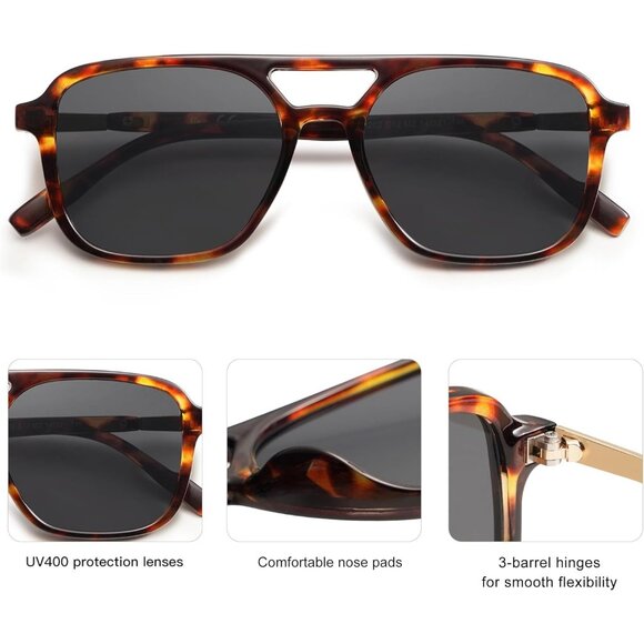 Sojos Women Mens Tortoise/Grey Trendy Rectangle Retro Aviator Shades Sunglasses - Picture 4 of 6